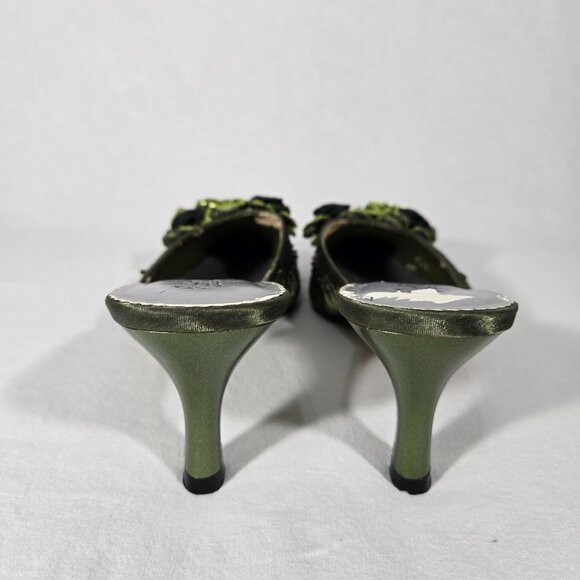 Vintage Y2K Hipster Fairy Hunter Green Floral Beaded Pointed Toe Mules Size 11M. - Picture 6 of 17